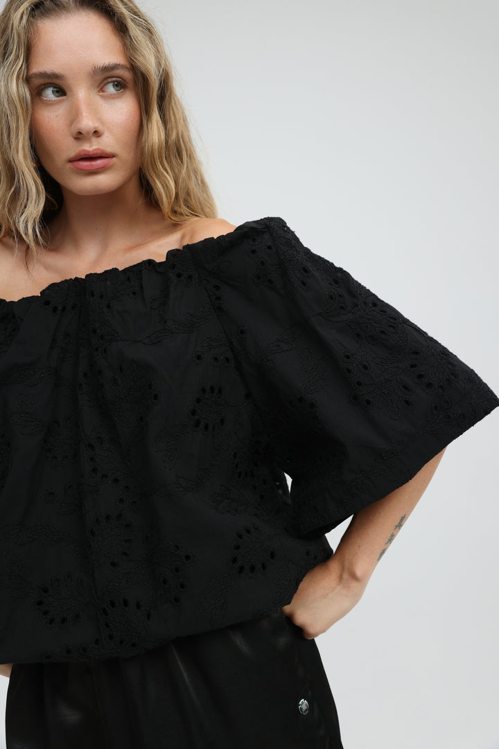 Eyelet Black Off Shoulder Blouse