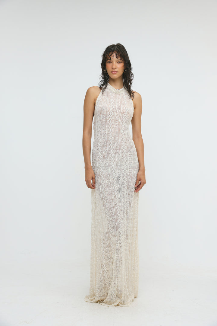 Ibiza Cream Lace Halter Dress