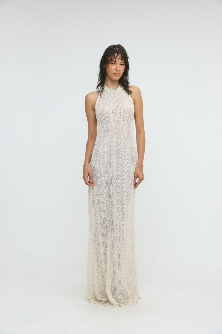 Ibiza Cream Lace Halter Dress