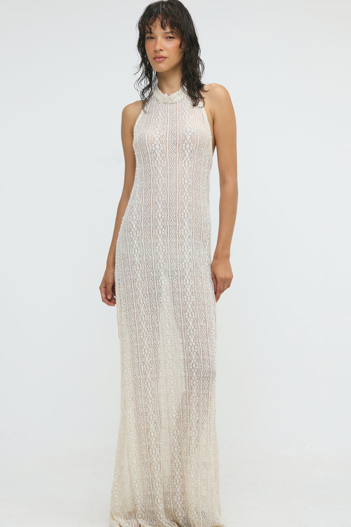 Ibiza Cream Lace Halter Dress