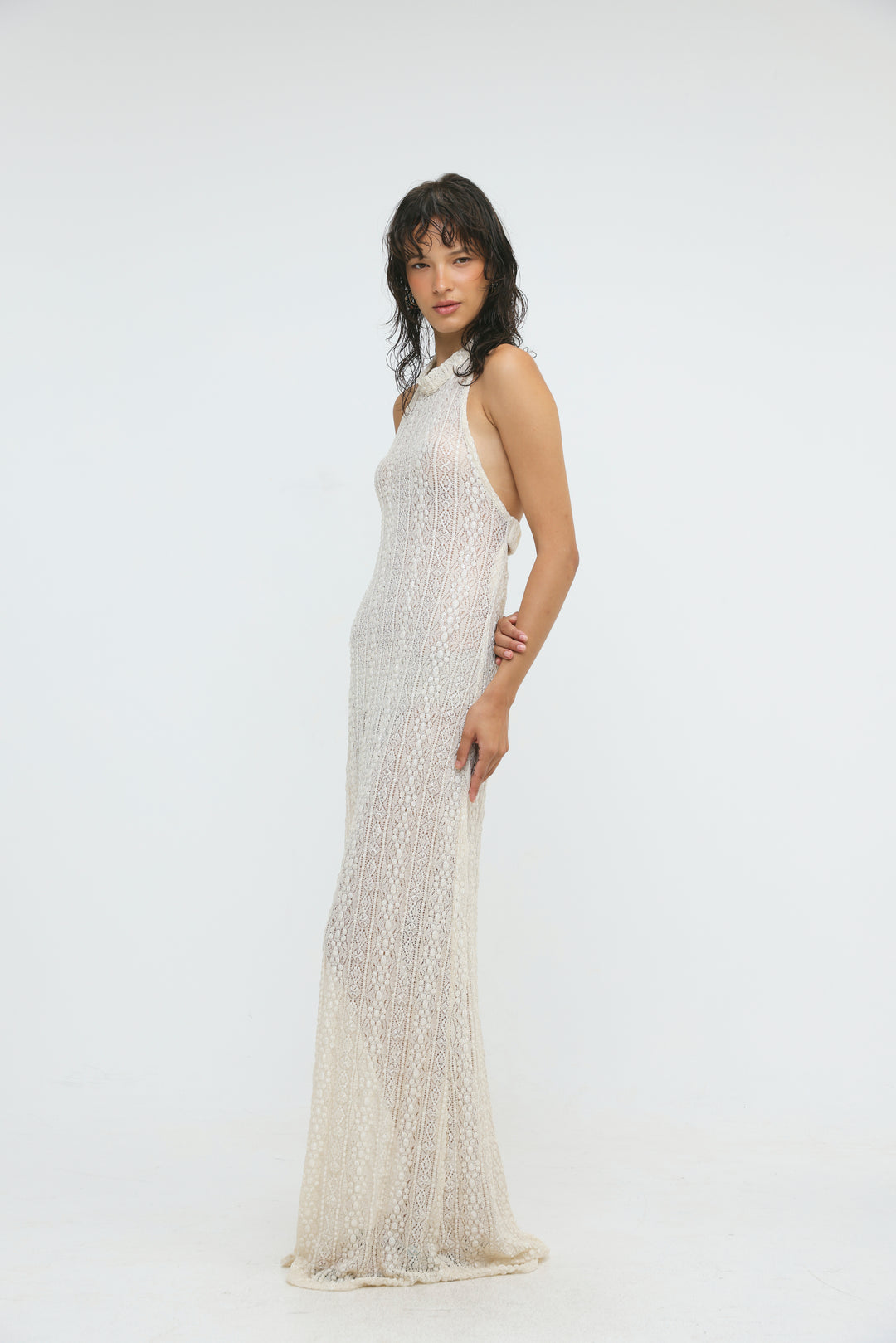 Ibiza Cream Lace Halter Dress