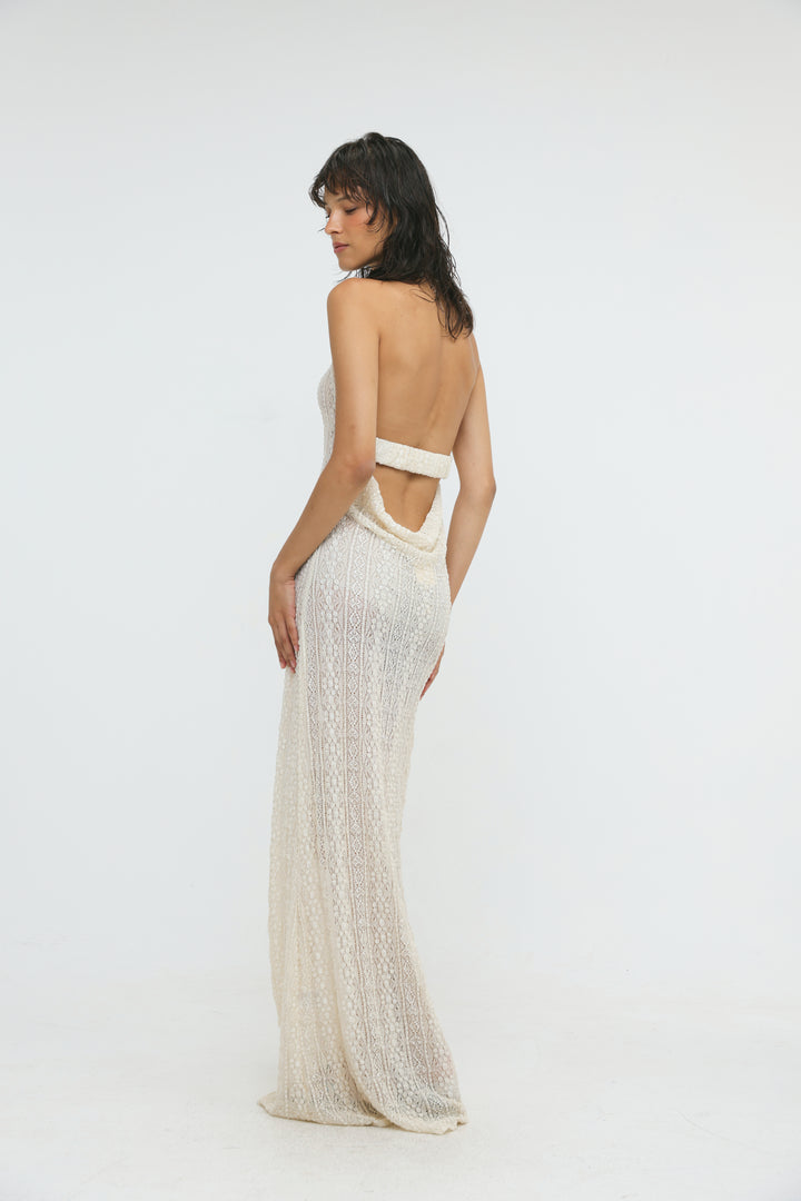 Ibiza Cream Lace Halter Dress
