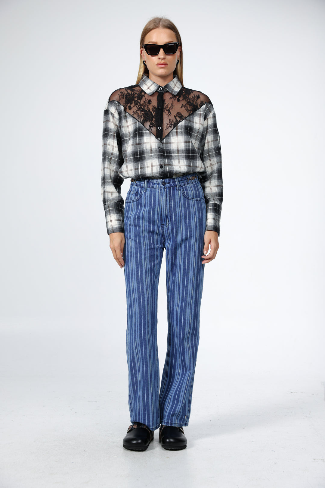 Lace Plaid Black Buttoned Shirt