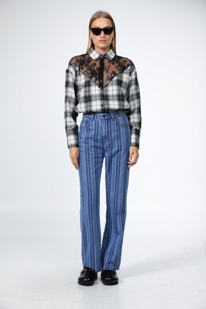 Lace Plaid Black Buttoned Shirt