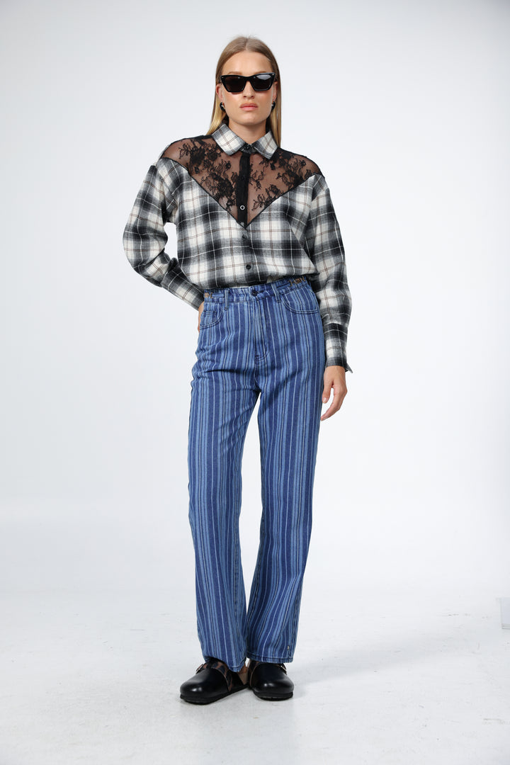Lace Plaid Black Buttoned Shirt