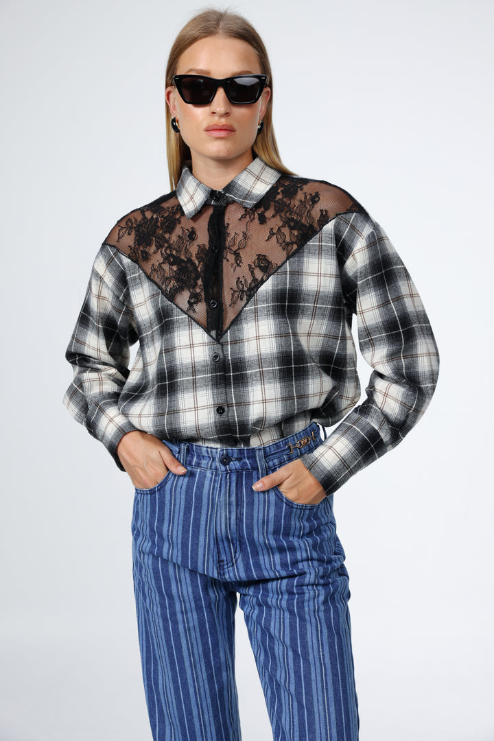 Lace Plaid Black Buttoned Shirt