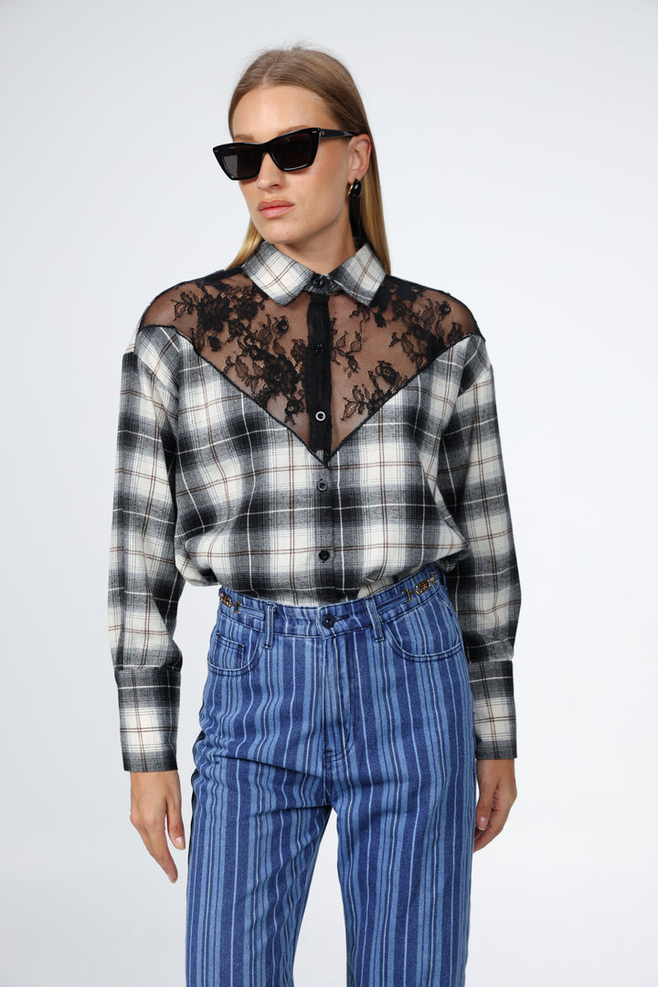 Lace Plaid Black Buttoned Shirt