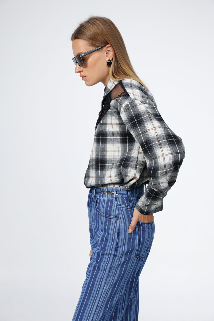 Lace Plaid Black Buttoned Shirt