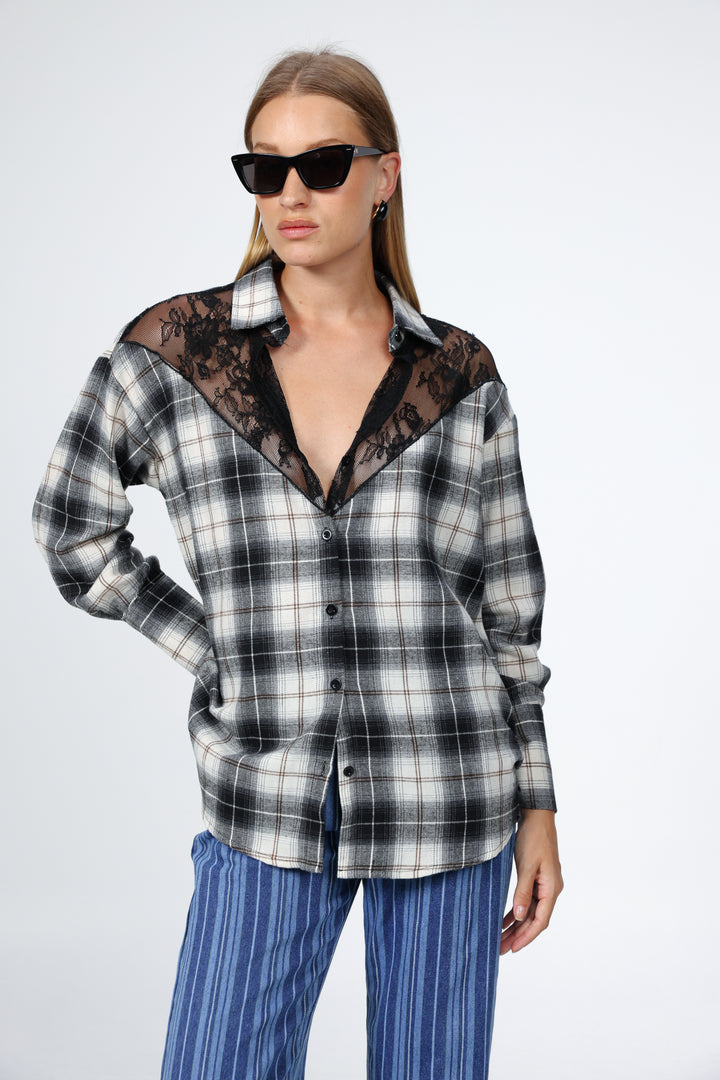 Lace Plaid Black Buttoned Shirt