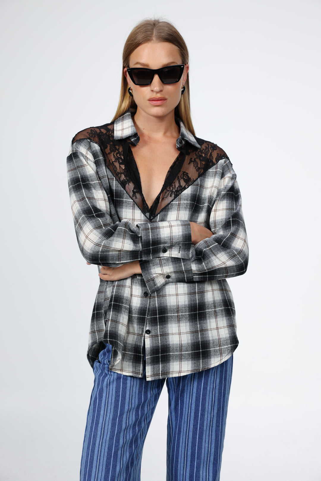 Lace Plaid Black Buttoned Shirt