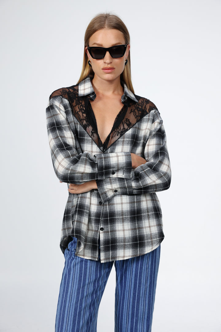 Lace Plaid Black Buttoned Shirt