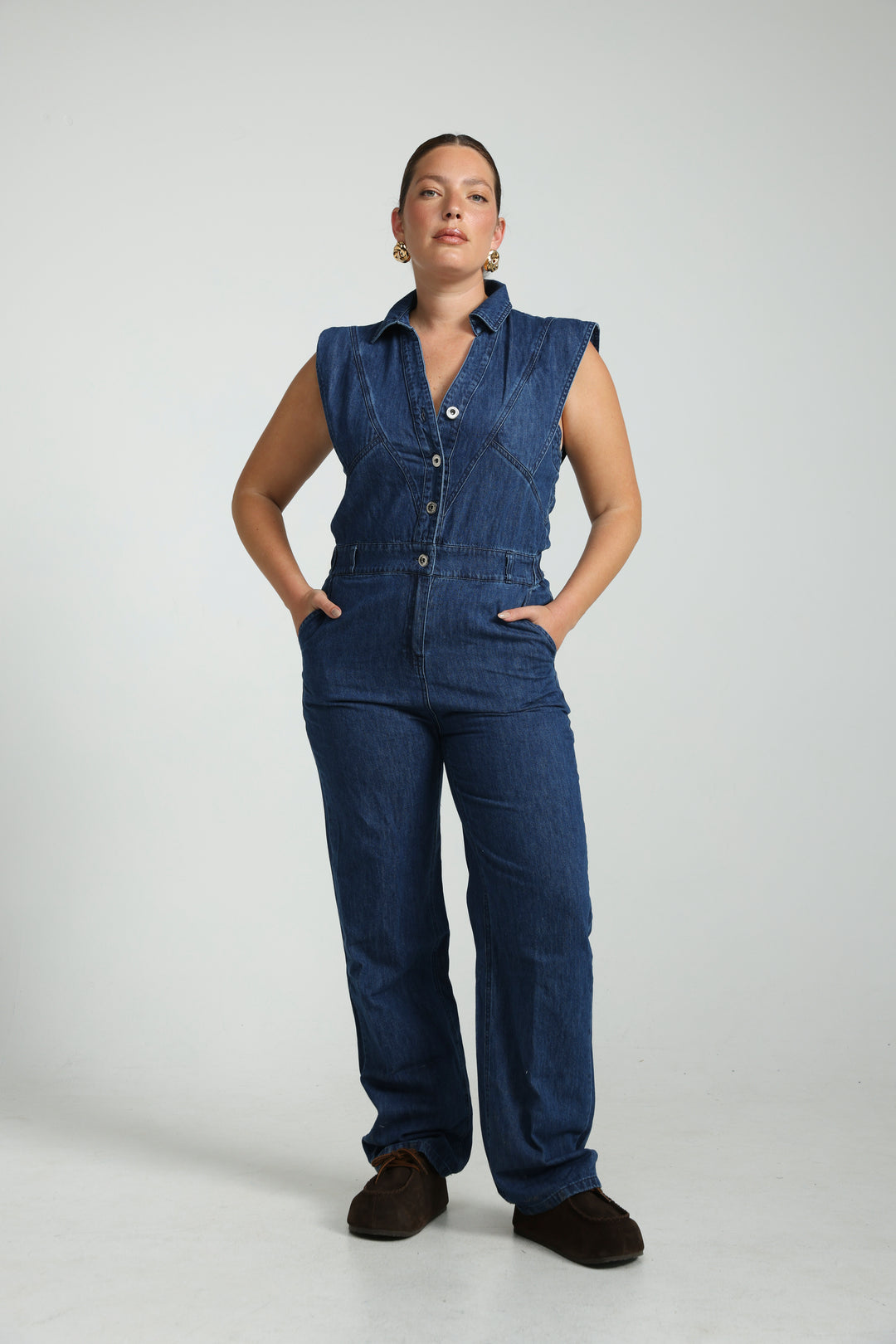 Sleeveless Dark Blue Denim Jumpsuit