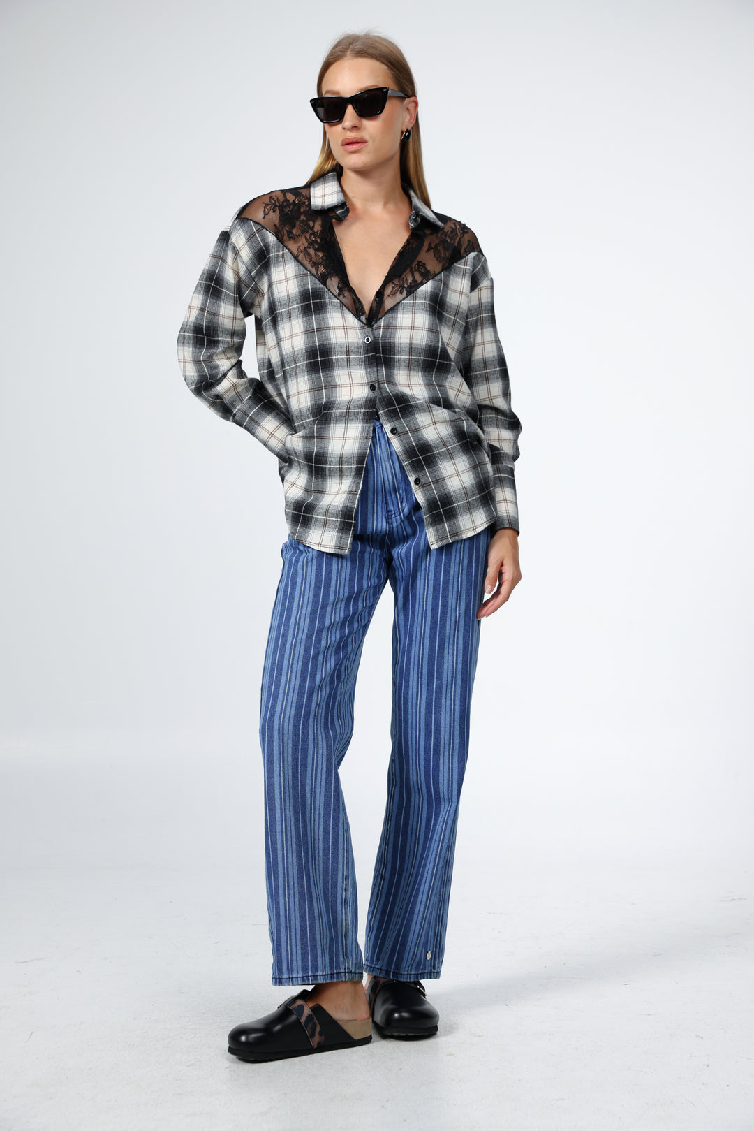 Lace Plaid Black Buttoned Shirt