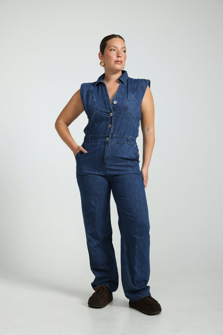 Sleeveless Dark Blue Denim Jumpsuit