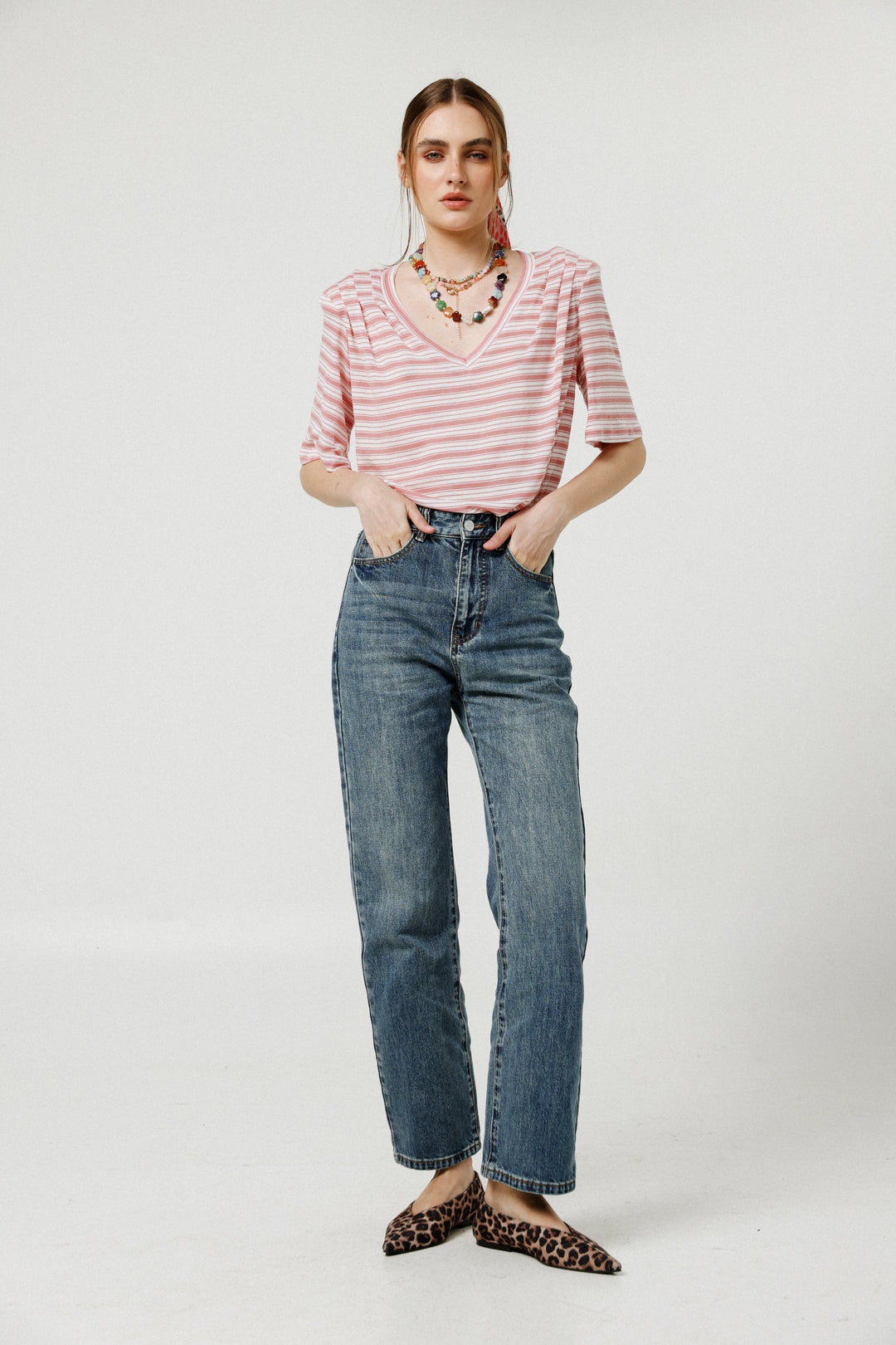 Collab Pink Stripes Padded V T-Shirt