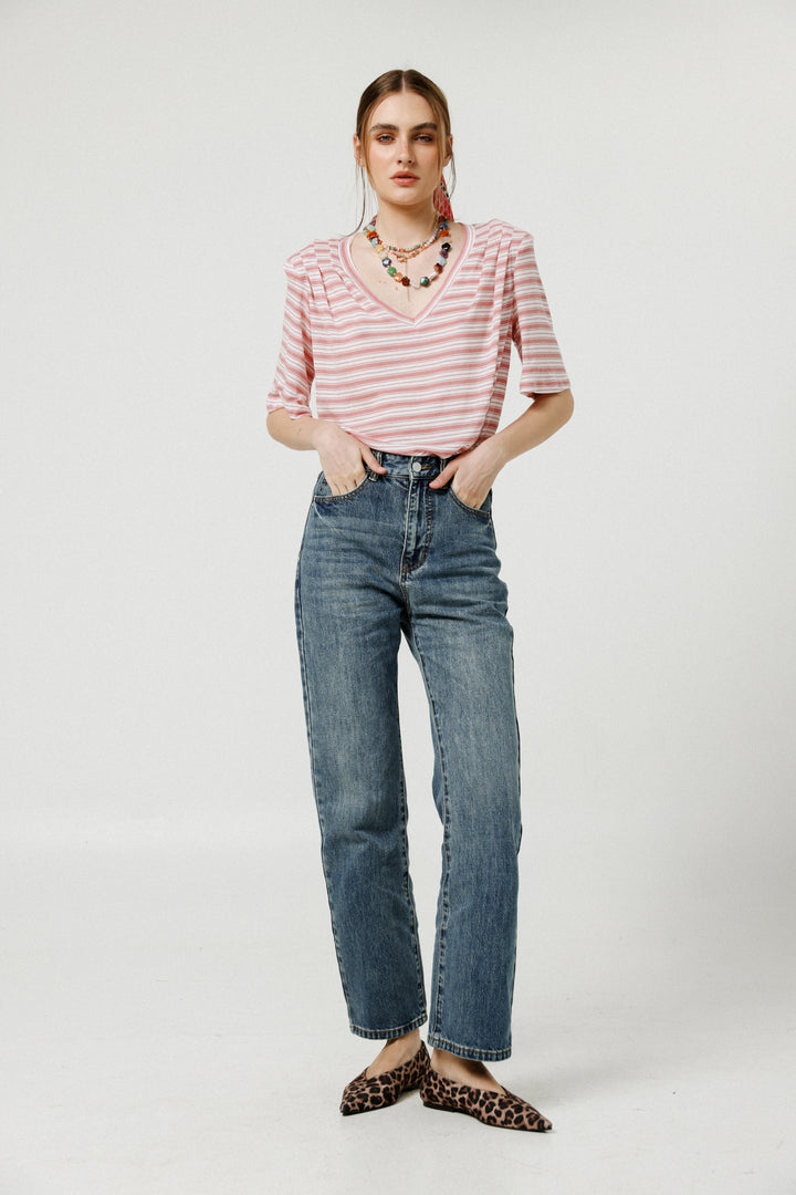 Collab Pink Stripes Padded V T-Shirt