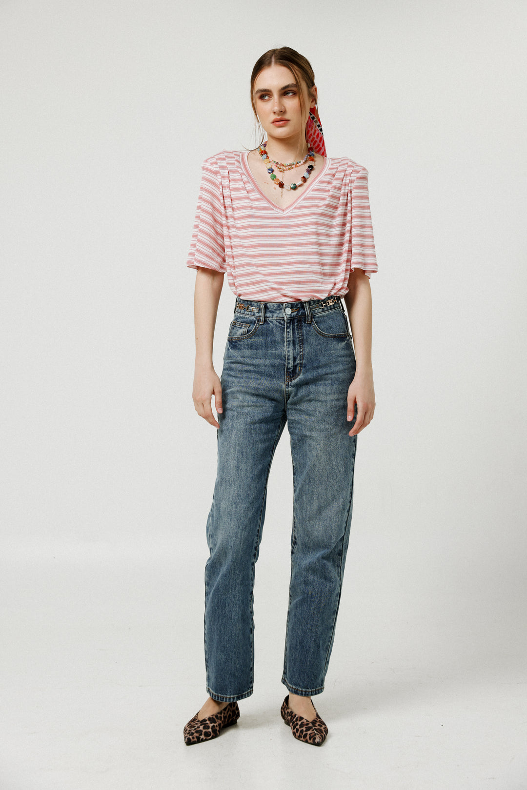 Collab Pink Stripes Padded V T-Shirt