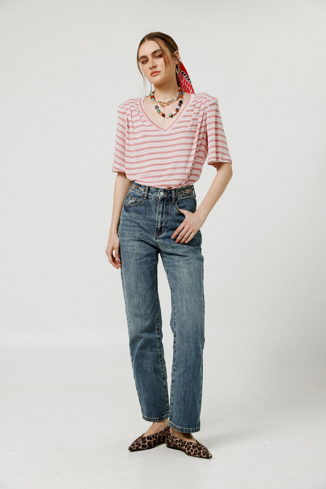 Collab Pink Stripes Padded V T-Shirt