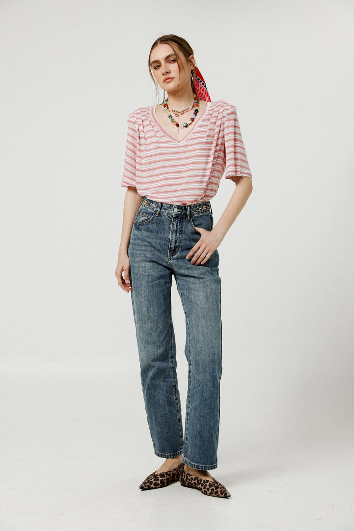 Collab Pink Stripes Padded V T-Shirt