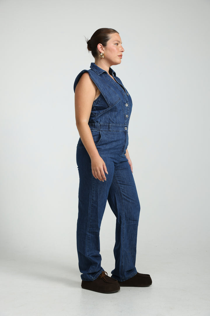 Sleeveless Dark Blue Denim Jumpsuit