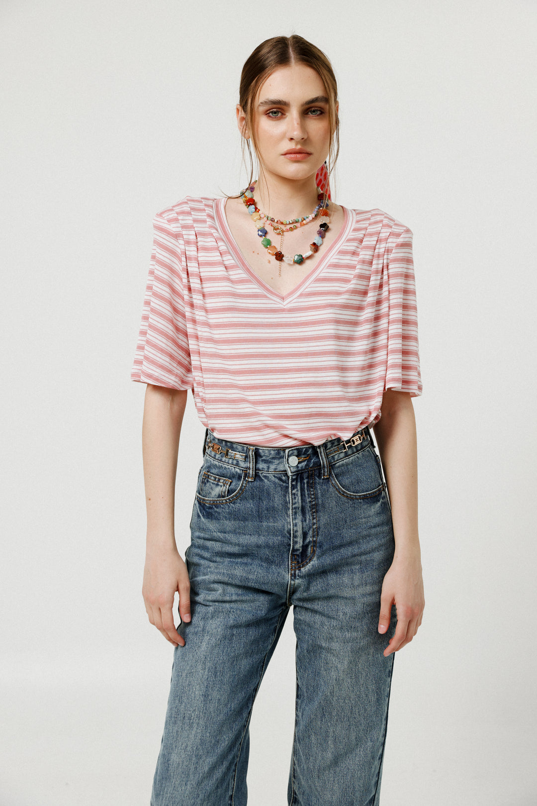 Collab Pink Stripes Padded V T-Shirt