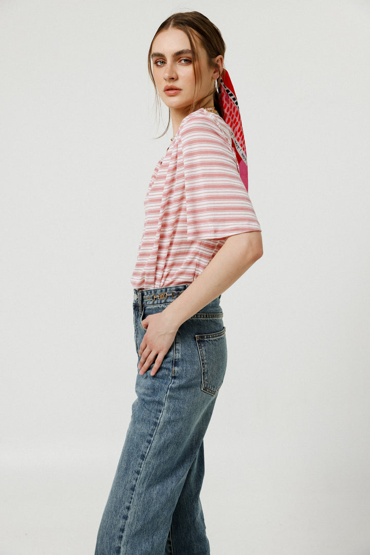 Collab Pink Stripes Padded V T-Shirt