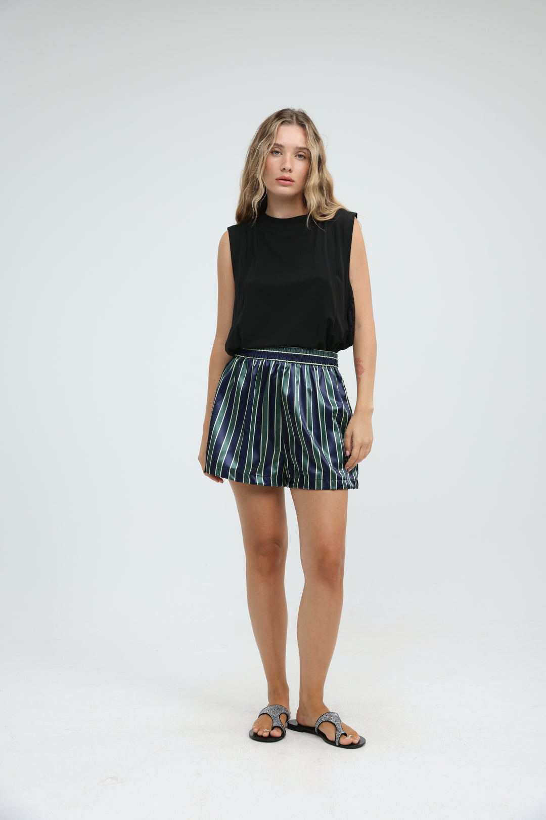 Green Striped Satin Shorts
