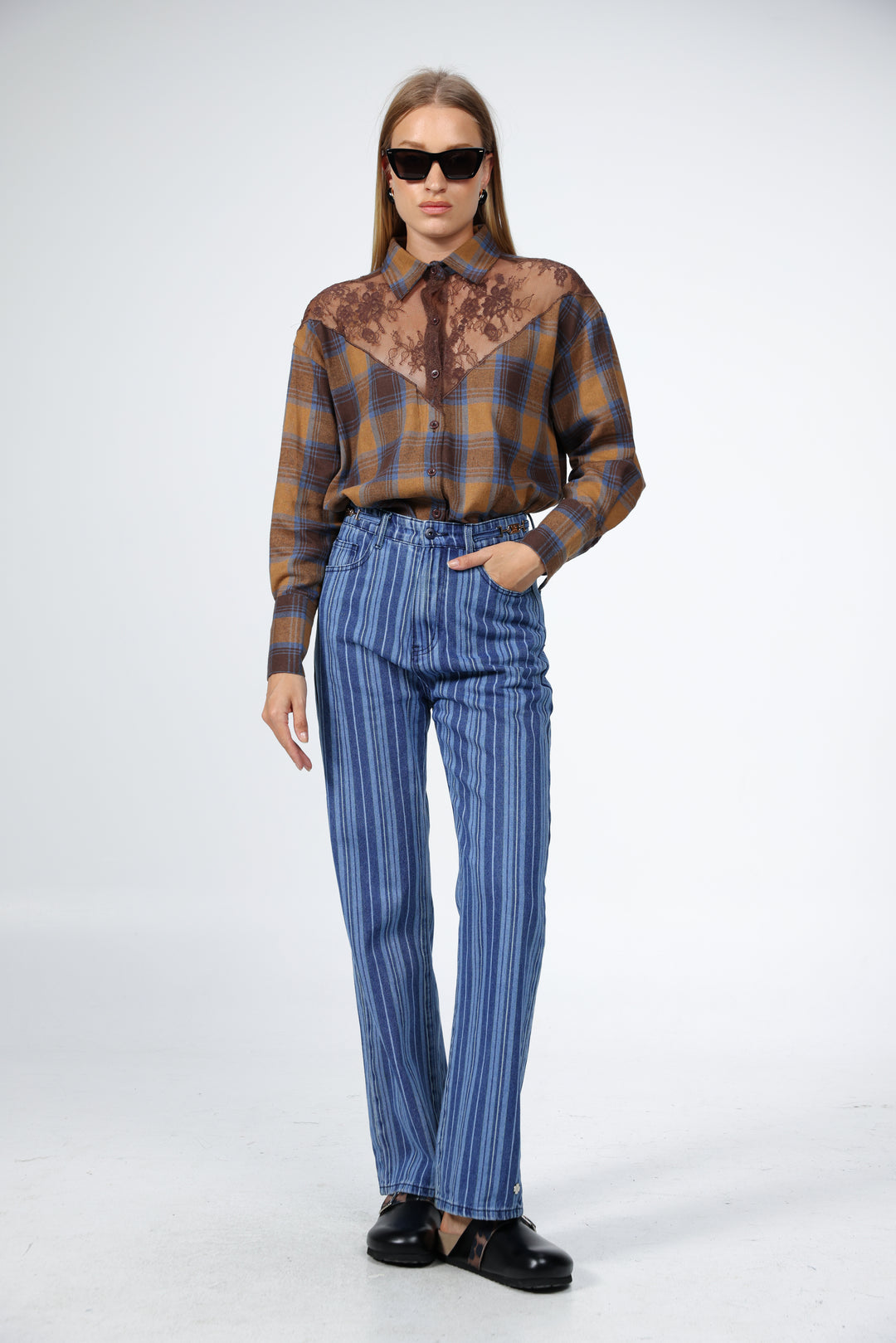 Lace Plaid Brown Buttoned Shirt