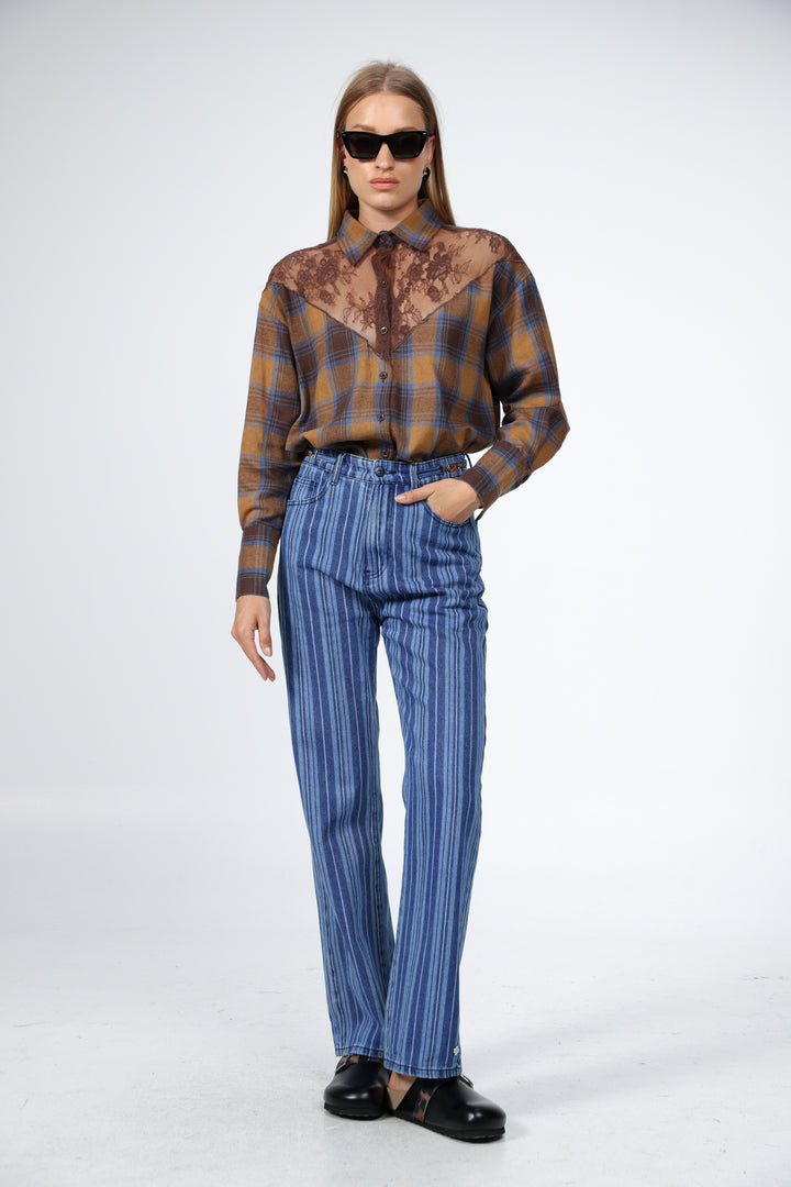 Lace Plaid Brown Buttoned Shirt