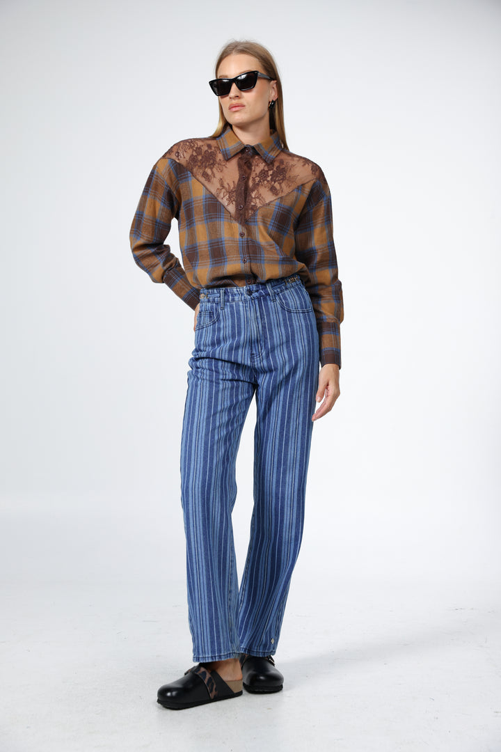 Lace Plaid Brown Buttoned Shirt