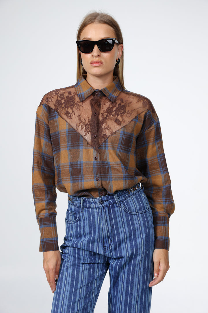 Lace Plaid Brown Buttoned Shirt