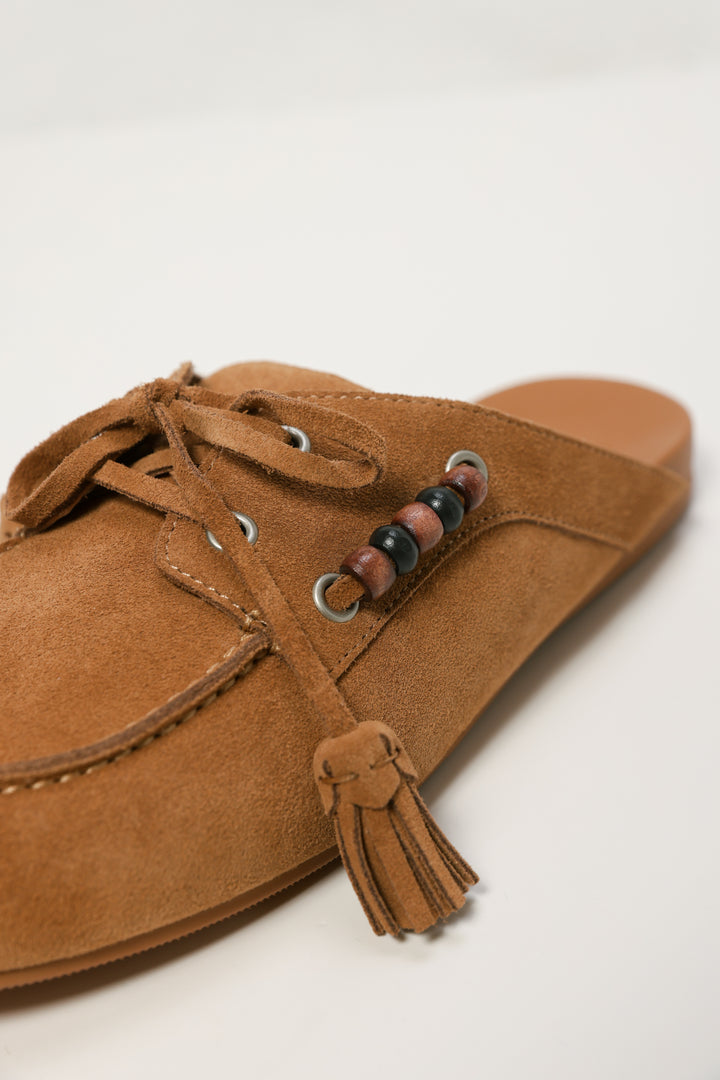 Camel/Beads Suede Moccasin Mule
