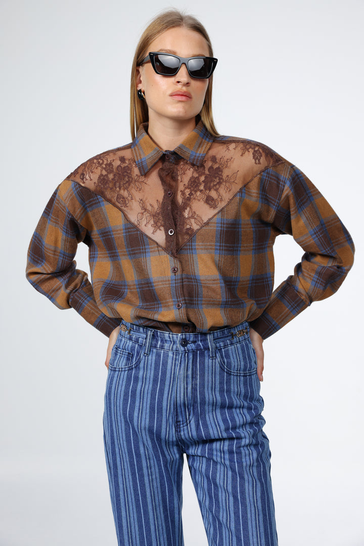 Lace Plaid Brown Buttoned Shirt