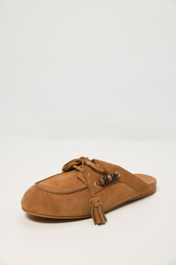Camel/Beads Suede Moccasin Mule