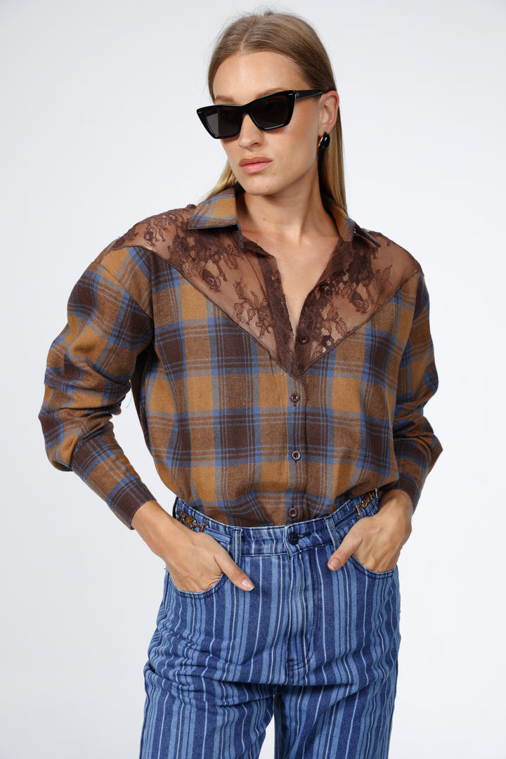 Lace Plaid Brown Buttoned Shirt