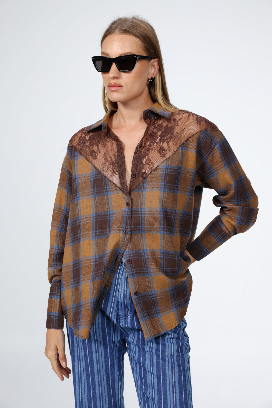 Lace Plaid Brown Buttoned Shirt