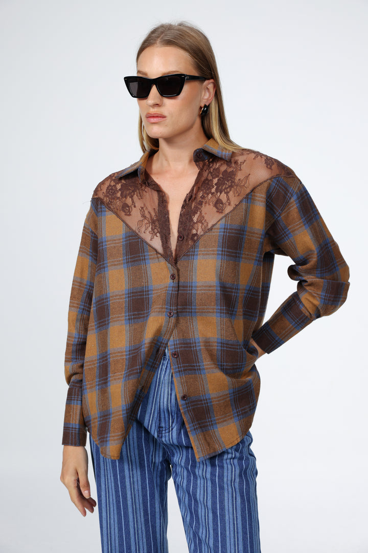 Lace Plaid Brown Buttoned Shirt