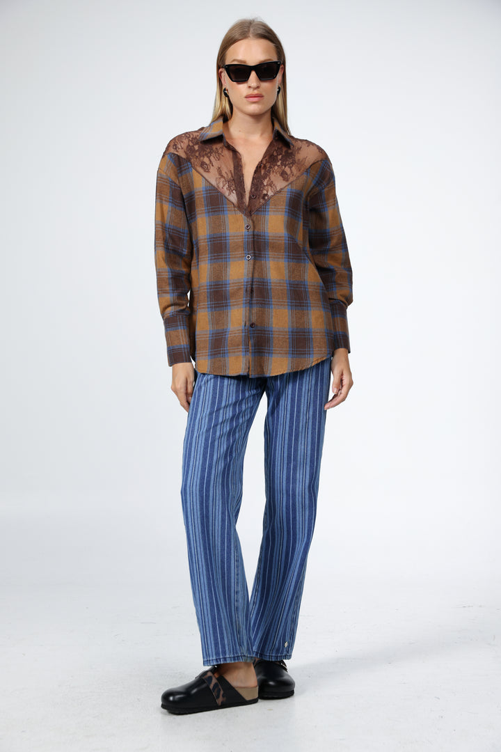Lace Plaid Brown Buttoned Shirt