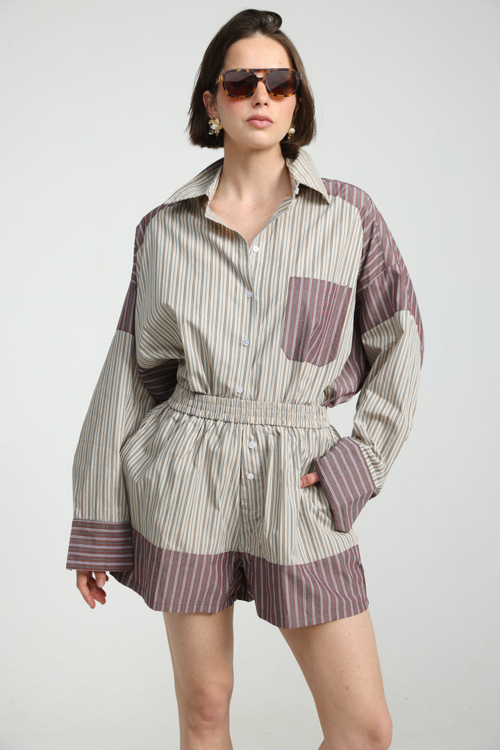 Mixed Stripe Brown Buttoned Shirt