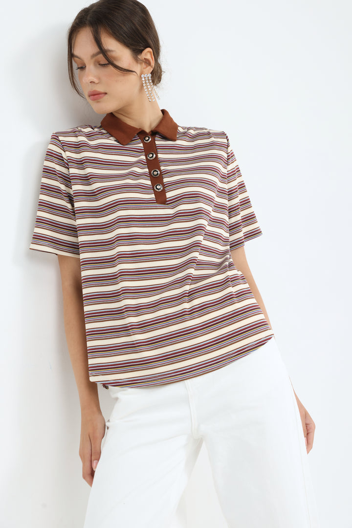 Forward Beige Striped Padded Polo