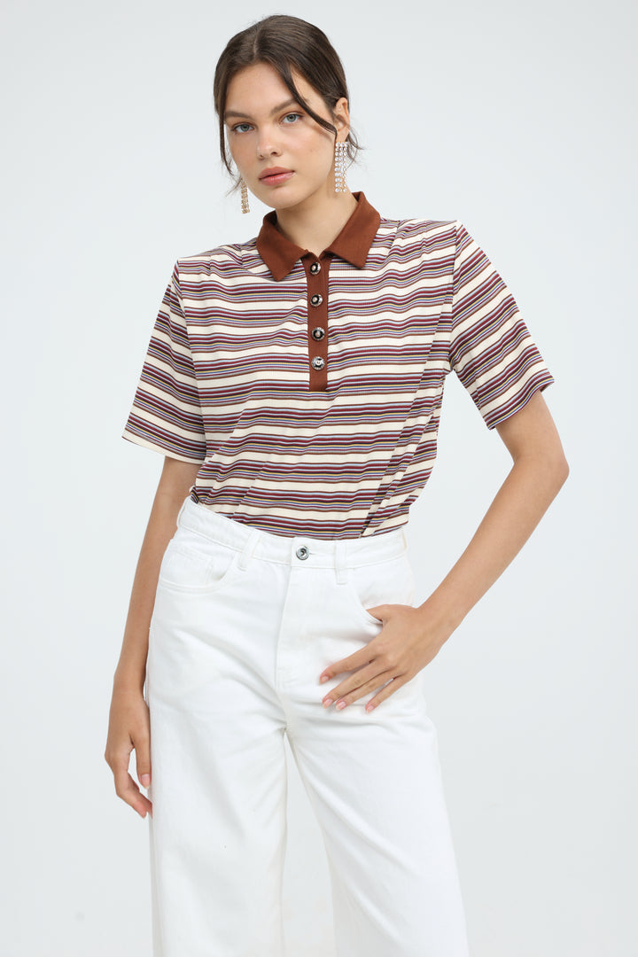 Forward Beige Striped Padded Polo