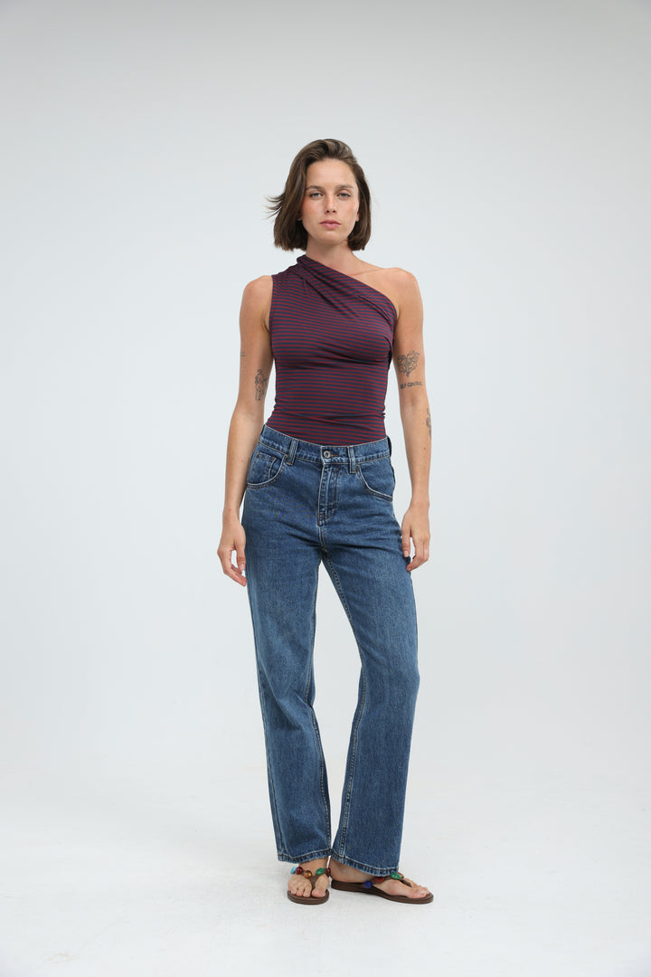Joy Wine Striped One Shoulder Top