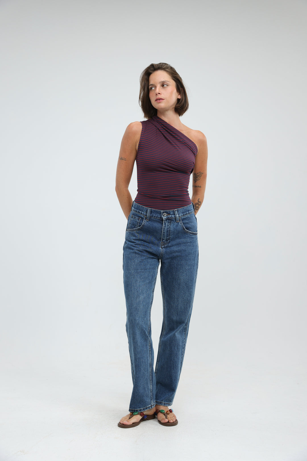 Joy Wine Striped One Shoulder Top