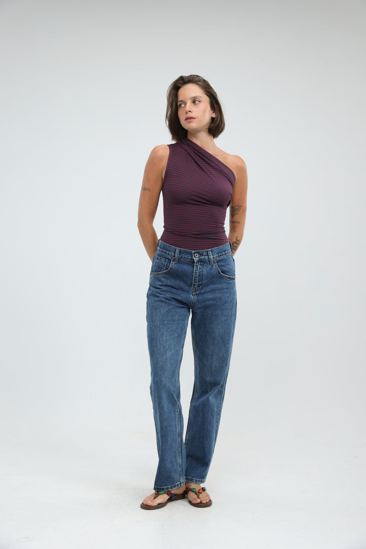 Joy Wine Striped One Shoulder Top