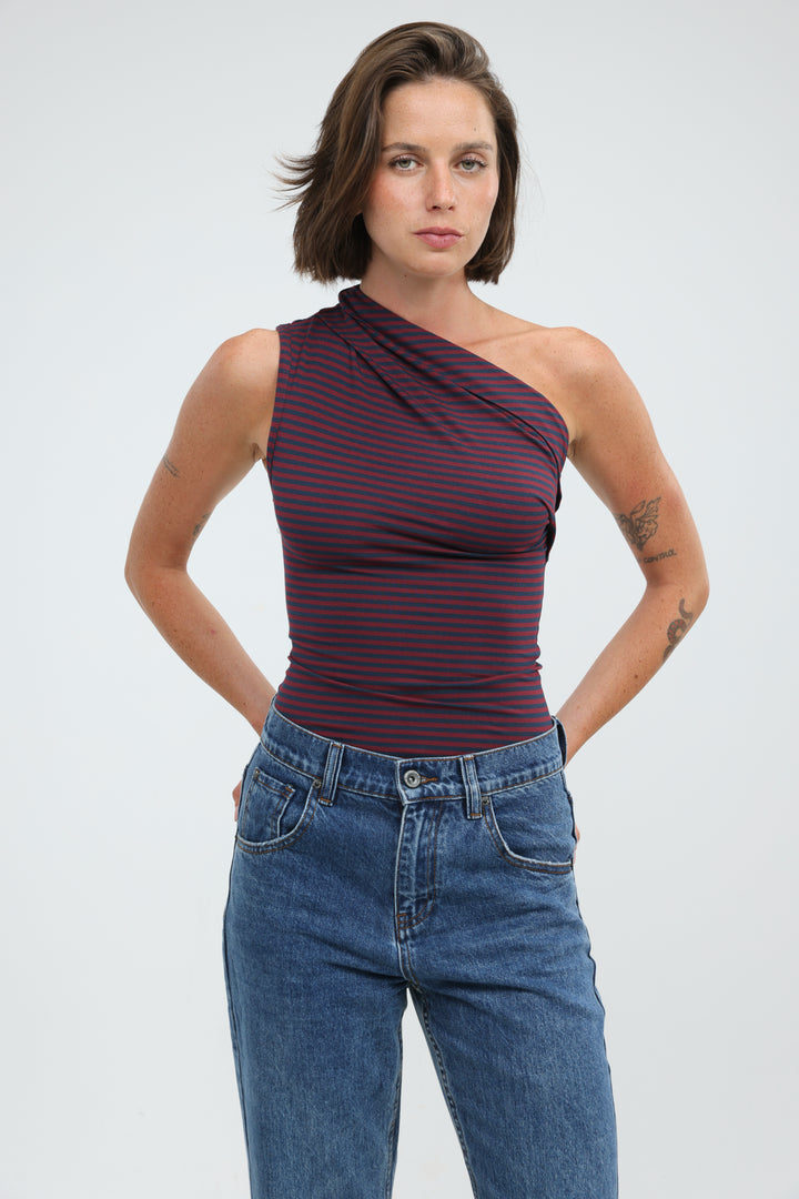 Joy Wine Striped One Shoulder Top