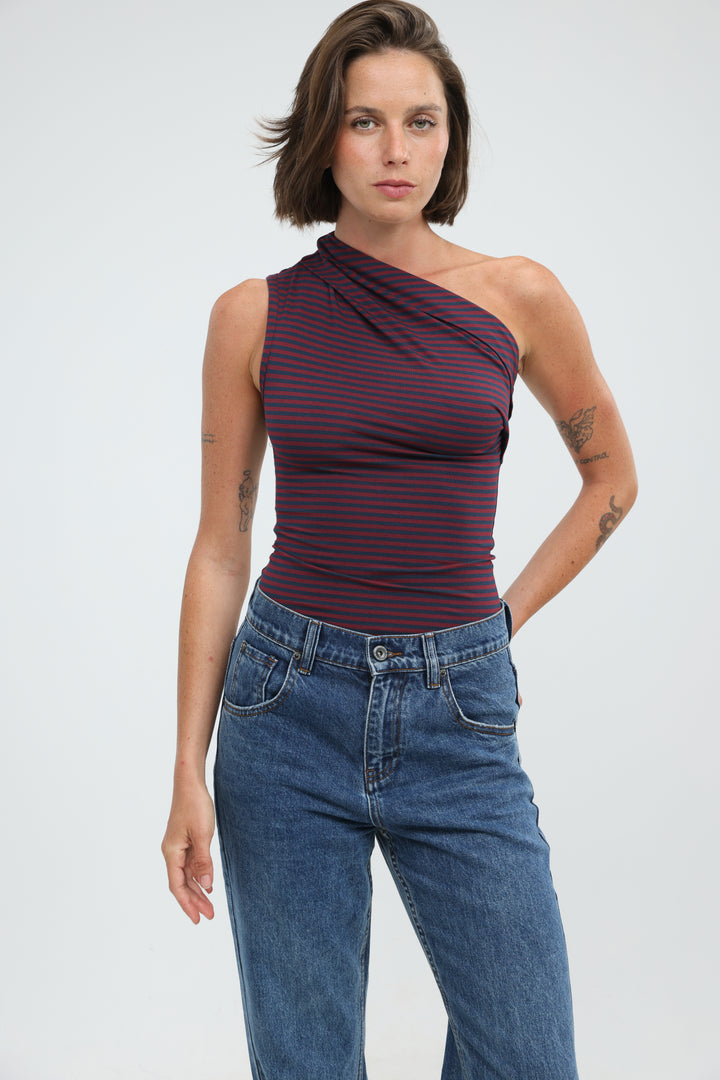 Joy Wine Striped One Shoulder Top