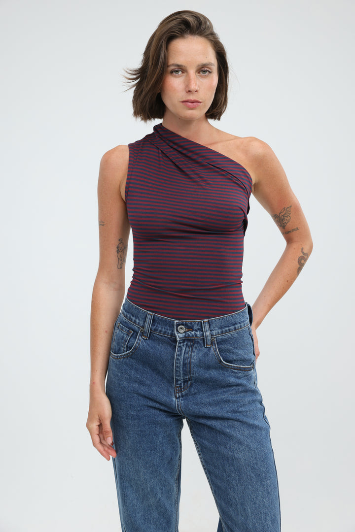 Joy Wine Striped One Shoulder Top