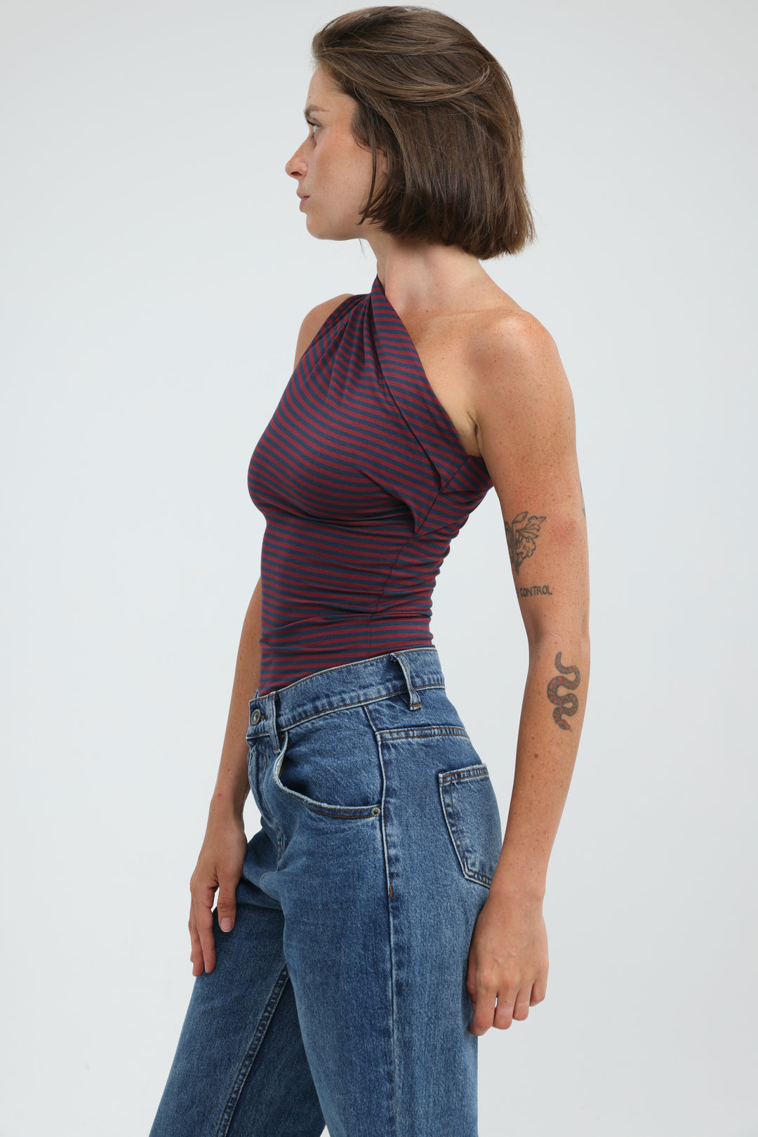 Joy Wine Striped One Shoulder Top