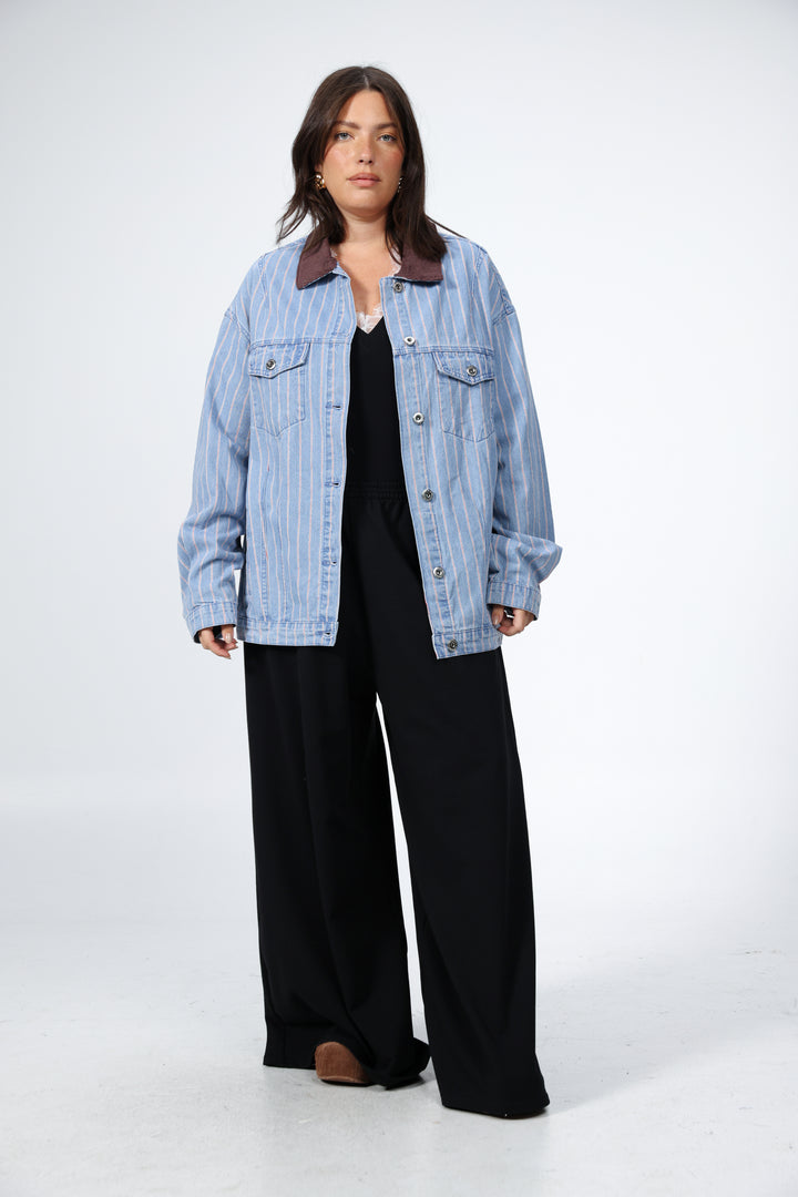 Faux Leather Mixed Blue Denim Jacket