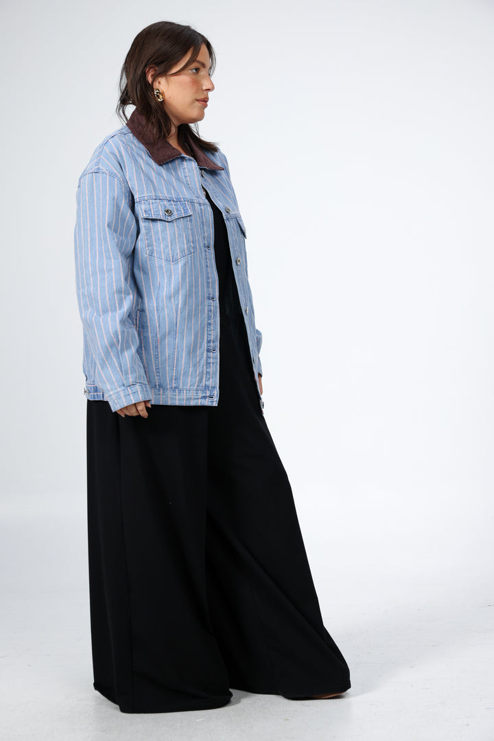 Faux Leather Mixed Blue Denim Jacket